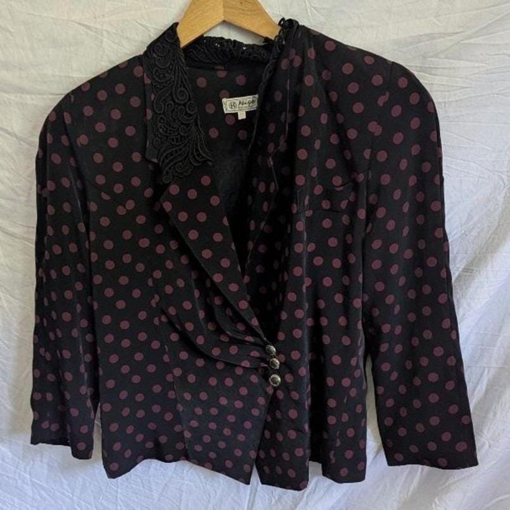 Vtg Blazer Black Burgundy Polka Dot Lace Trim Asymmetrical Whimsigoth Sz L